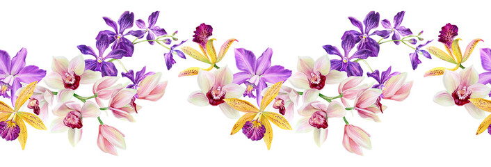 Fototapeta na wymiar Horizontal seamless border of watercolor flowers. Floral background. Colorful orchids. Hand-drawn illustration for greeting card, invitation, scrapbooking.