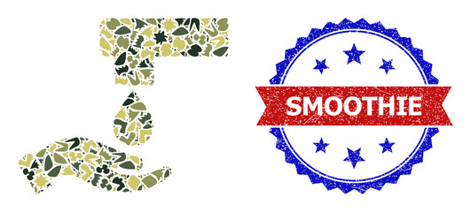Military camouflage mosaic of hand washing icon, and bicolor dirty Smoothie seal stamp. Vector seal with Smoothie caption inside red ribbon and blue rosette, retro bicolored style.