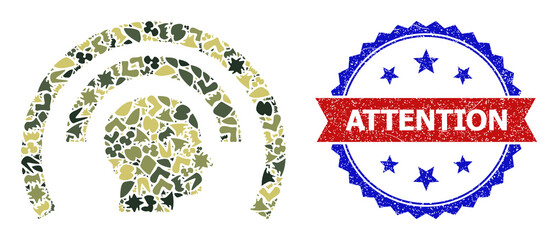 Naklejka premium Military camouflage collage of Psi waves icon, and bicolor scratched Attention seal stamp. Vector imprint with Attention tag inside red ribbon and blue rosette, scratched bicolored style.