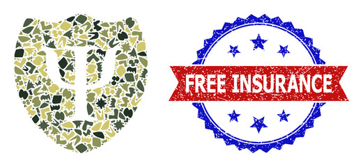 Military camouflage mosaic of Psychology shield icon, and bicolor unclean Free Insurance seal stamp. Vector seal with Free Insurance caption inside red ribbon and blue rosette,