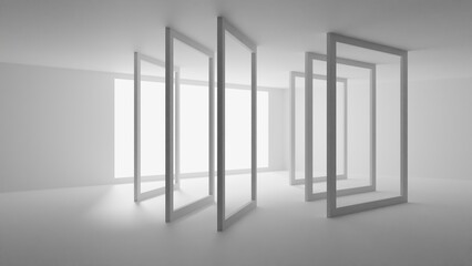 Large white window with dazzling light, square structures with openings. Abstract composition of white space in bonfire light.
