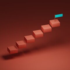 Stairs to achieve the result with the main goal at the very top. Cubic-shaped feet and orange. The background is orange. There is a blue flag at the top.