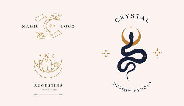 A set of logos in a linear style. Magic snake with moon, star, hands and crescents. Mystical symbols in a trendy minimalist style.