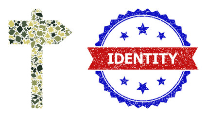 Military camouflage mosaic of road pointer icon, and bicolor scratched Identity seal stamp. Vector seal with Identity tag inside red ribbon and blue rosette, corroded bicolored style.