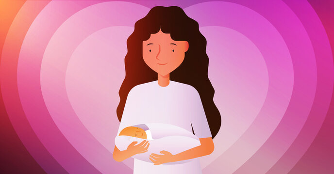 Ilustraci&oacute;n conmemorativa de d&iacute;a de las madres donde una una mam&aacute; joven carga a su beb&eacute;.