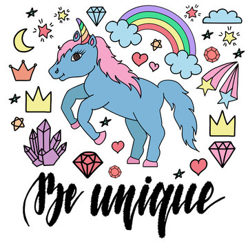 Cute unicorns and other elements. Set of illustrations in hand drawn, doodle style isolated on white background