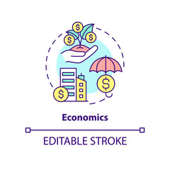 Economics concept icon. Resources allocation system. Social institution abstract idea thin line illustration. Isolated outline drawing. Editable stroke. Arial, Myriad Pro-Bold fonts used