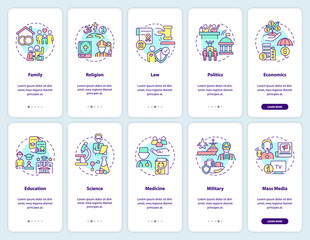 Social institutions onboarding mobile app screen set. Walkthrough 5 steps graphic instructions pages with linear concepts. UI, UX, GUI template. Myriad Pro-Bold, Regular fonts used