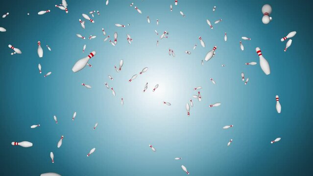 3D 4K bowling pin particle loop animation Background. Skittles and bowling ball. Close-up. Activities and entertainment. Outdated Bowling Equipment. Bowling and sport leisure standing concept.