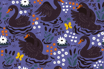 Seamless pattern with black swans on the pond. Vector graphics.