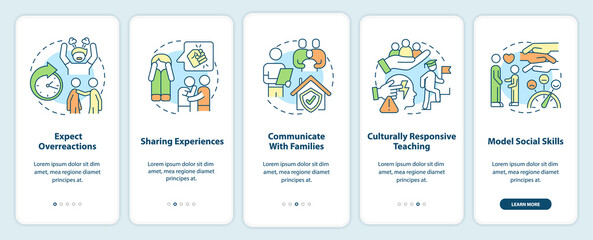 Trauma informed teaching onboarding mobile app screen. Education trends walkthrough 5 steps graphic instructions pages with linear concepts. UI, UX, GUI template. Myriad Pro-Bold, Regular fonts used - obrazy, fototapety, plakaty