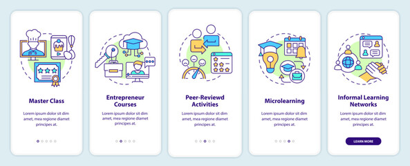 Online education trends onboarding mobile app screen. Learning channel walkthrough 5 steps graphic instructions pages with linear concepts. UI, UX, GUI template. Myriad Pro-Bold, Regular fonts used