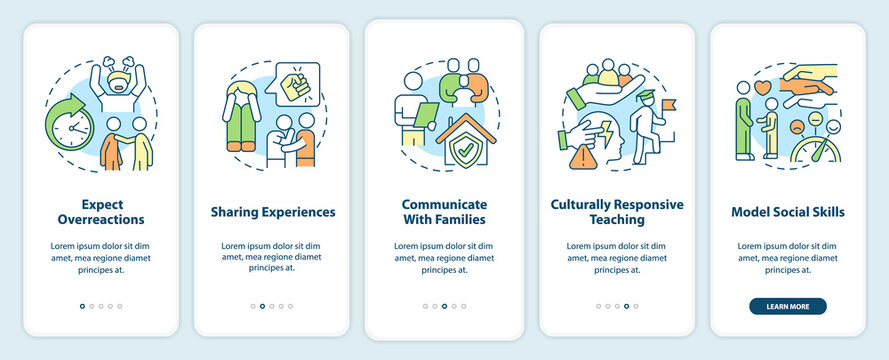 Trauma informed teaching onboarding mobile app screen. Education trends walkthrough 5 steps graphic instructions pages with linear concepts. UI, UX, GUI template. Myriad Pro-Bold, Regular fonts used