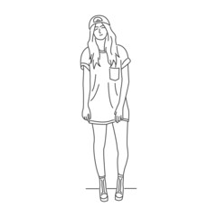 Young girl in casual clothes standing and smiling. Minimal cartoon style