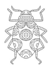 Hand-drawn decorative beetle coloring page for adults vector illustration. Funny ornamental bug black outline white isolated. Cartoon insect linear zen art. Prefect for print on t-shirts, bags, more