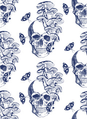 Skull pattern, mushrooms and butterflies in vintage style, blue on white