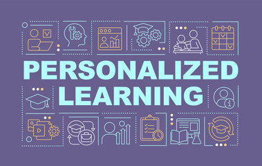 Personalized learning word concepts dark purple banner. Individual program. Infographics with icons on color background. Isolated typography. Vector illustration with text. Arial-Black font used