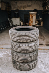 Four summer rubber tires from the wheel are in the garage for replacement.