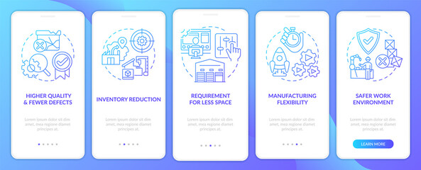 One piece flow advantages blue gradient onboarding mobile app screen. Walkthrough 5 steps graphic instructions pages with linear concepts. UI, UX, GUI template. Myriad Pro-Bold, Regular fonts used