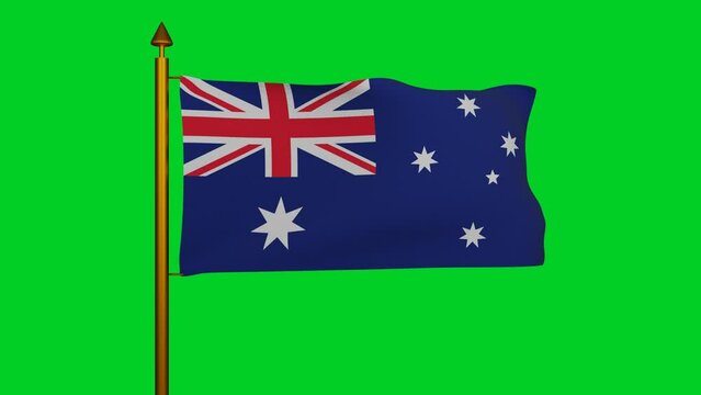 National flag of Australia waving 3D Render with flagpole on chroma key, Federation of Australia flag textile designed by Annie Dorrington, Ivor Evans, Lesley Hawkins, Egbert Nutall