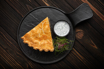 Piece of baked pie with sauce