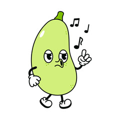 Cute funny vegetable marrow walking singing character. Vector hand drawn traditional cartoon vintage, retro, kawaii character illustration icon. Isolated white background. Vegetable marrow walk sing