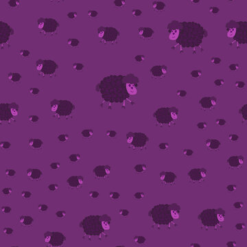 Seamless purple pattern with sheep.Hand-drawn. For textile and printed products