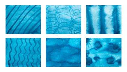 Set of watercolor textures in blue and turquoise colors.