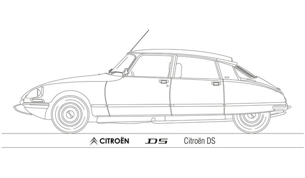 Citroen DS silhouette outlined, french famous vintage car, illustration