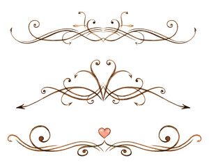 Decorative elegant curls, text separators. Vintage ornament made in watercolor. Set of elements on a white background.
