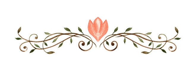 Decorative elegant curl, text separator. Vintage ornament made in watercolor. Element on a white background.