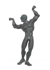 super hero is doing a dynamic bodybuilder pose in an exosuit