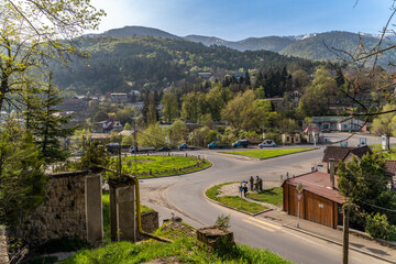 Aerial view of the road roundabout with city and mountain range in Dilijan, Armenia