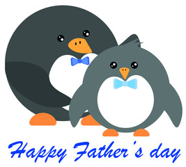Father's Day icon. Happy Father's Day cartoon illustration. Cute Dad and son symbol: penguin with puppy. 