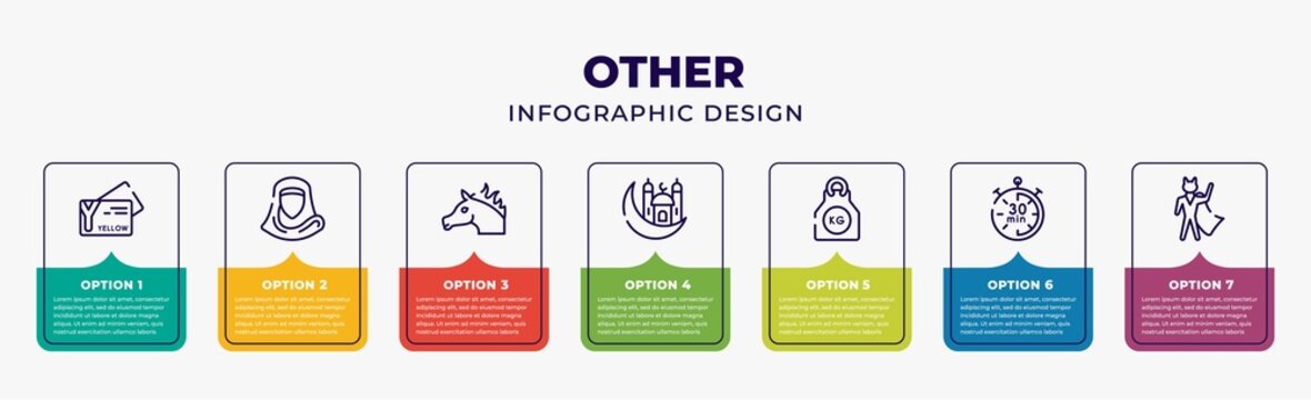 Other Infographic Design Template With Yellow Abstract Business Card, Woman With Hijab, Arab Horse, Mosque And Moon, Kilograms, The 30 Minutes, Super Hero Icons And 7 Option Or Steps. Can Be Used