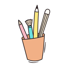 Vector doodle school cup icon with stationery, pens and pencils.