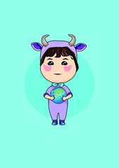 A cute cartoon drawing of a girl in a lilac cow costume holding a small model of the Earth. Zodiac signs: Taurus.