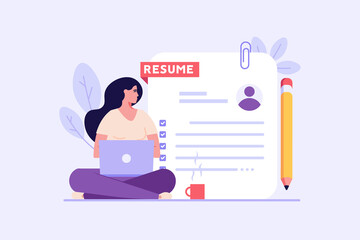 Concept of writing best resume, job search, employees hiring, search for job candidates. Employee writing cv file. New team member in career start. Vector illustration in flat design