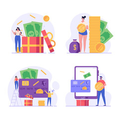 Set of pictures with people who receive cashback bonuses, benefit. Concept of cashback service, discount and loyalty card, customer service, online shopping, earn point. Vector illustration in flat