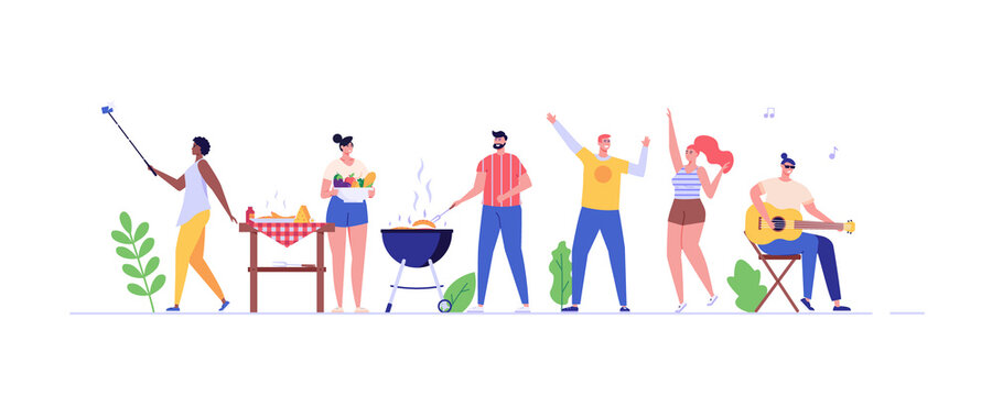 Barbecue party concept. People at a picnic cooking a barbecue grill outdoors. Barbecue party banners with dancing people at picnic on white background. Vector illustration.