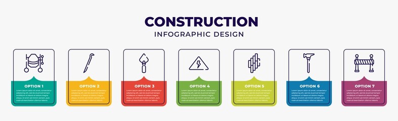 construction infographic design template with cement mixers, crowbar, trowel, high voltage, floor, brick hammer, stopping icons and 7 option or steps. can be used for web, banner, layout, info