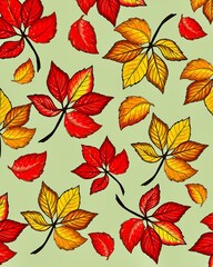 Autumn background with autumn leaves in red and yellow color, pattern, seamless texture. Hand drawn, autumn leaves  illustration