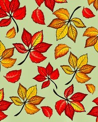 Obraz premium Autumn background with autumn leaves in red and yellow color, pattern, seamless texture. Hand drawn, autumn leaves illustration
