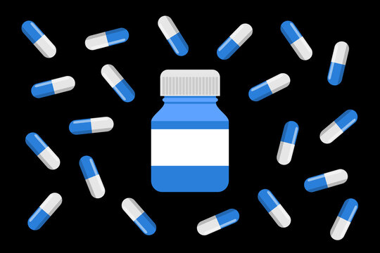 Pill, capsule, bottle and jar with pharmaceutical substance. Medicament, medicine and medical drug for cure and medicinal treatment. Vector illustration isolated on black.
