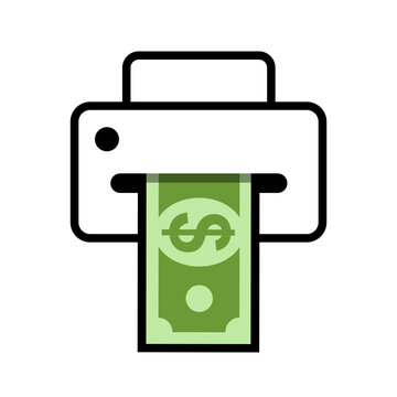 Money printing - bill is printed on printer - economic and financial inflation or counterfeit fake US dollar cash. Vector illustration isolated on white.