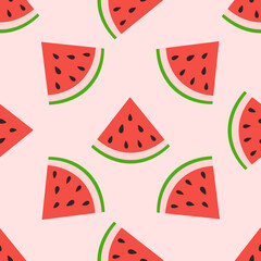 Watermelon slice seamless pattern. Summer fruit and berry background. Vector illustration for fabric design, gift paper, baby clothes, textiles, cards.
