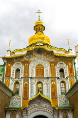 Entrance gate of historic Pechersk Lavra Monastery church temple Eastern Orthodox Christian complex of Caves with golden domes in Kiev,Ukraine.Old religion national architecture herritage