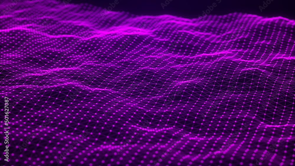 Aufkleber Abstract futuristic wave. Digital background. 3d rendering. Network connection dots and lines.