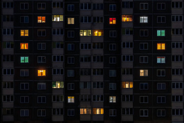 flat night panorama of multicolor heart light in windows of multistory buildings as concept for a couple in love - obrazy, fototapety, plakaty