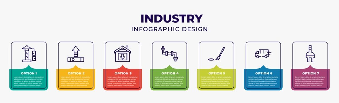 industry infographic design template with architecture crane tool, uploading arrow, house with down arrow, pipes tubes angle, brush with fresh painting, fast delivery, rounded plug icons and 7